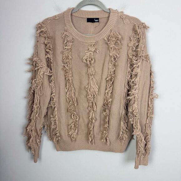 AKAIV | Fuzzy Fringe Tan Boho Style Sweater Women’s Size Medium/Large - Picture 2 of 10